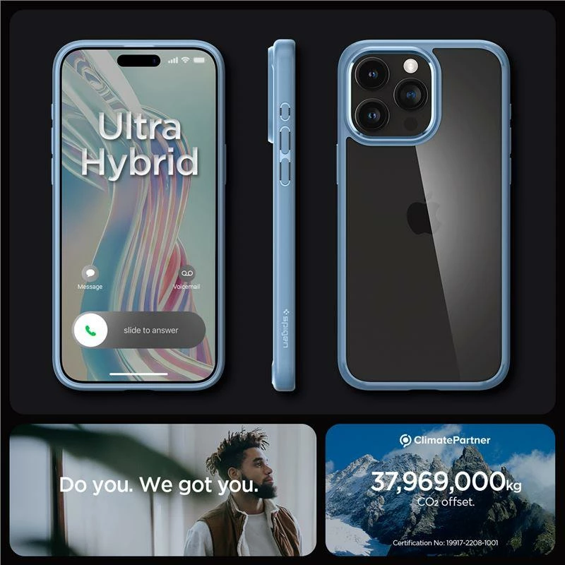 Prozoren moder ovitek za telefon Spigen Crystal Hybrid za iPhone 15 Pro Max