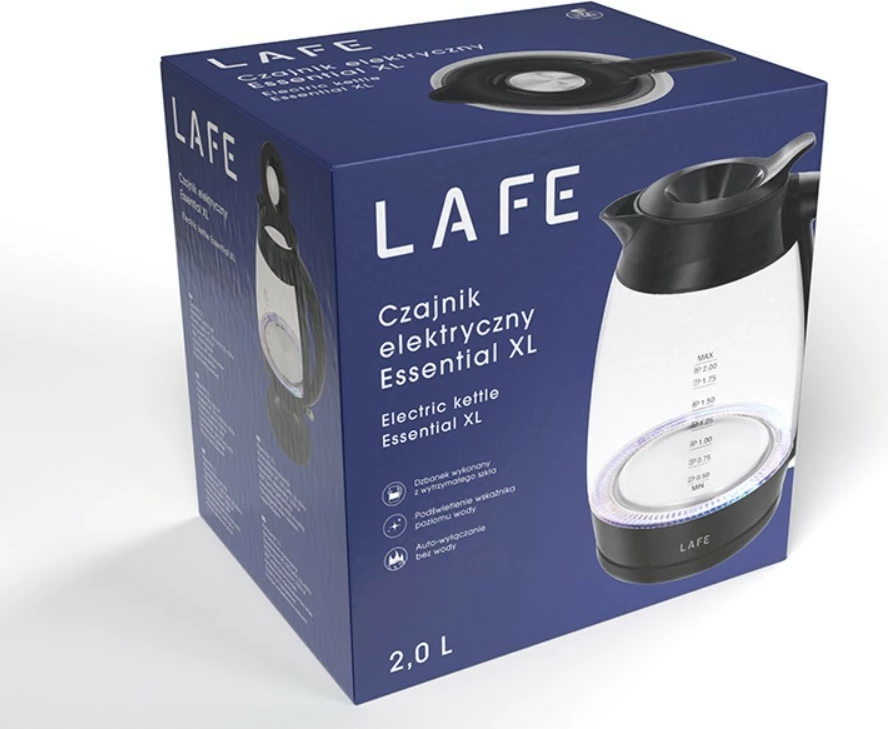 Kuhalo za vodo, električno, 2 L, 2200 W, stekleno, osvetljen merilec nivoja, filter usedlin, vrtljiva podlaga — Lafe Essential XL LAFCZA47573, črno/prozorno