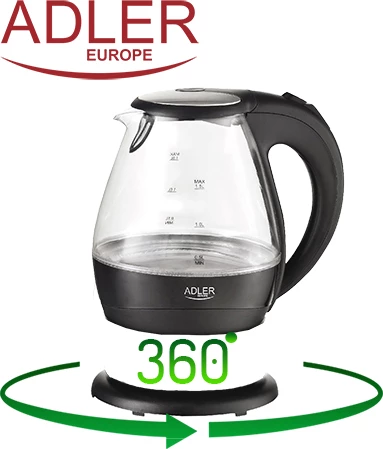 Kuhalnik za vodo iz stekla, Adler AD 1224, 1,5 L, 2200 W, LED osvetlitev, črn