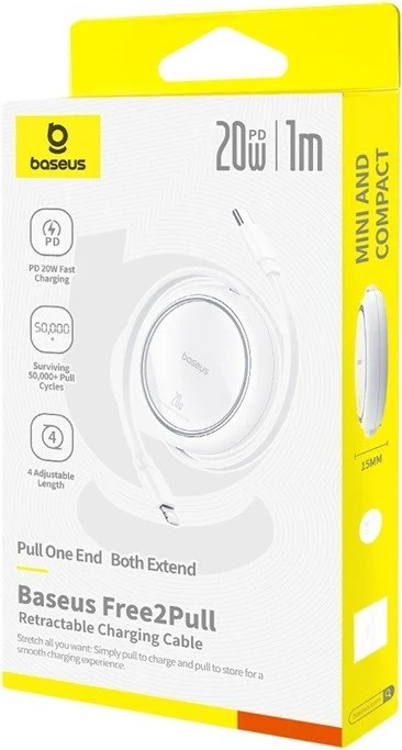 Kabél za polnjenje, USB-C na Lightning, 1 m, 20 W, bel — Baseus Free2Pull