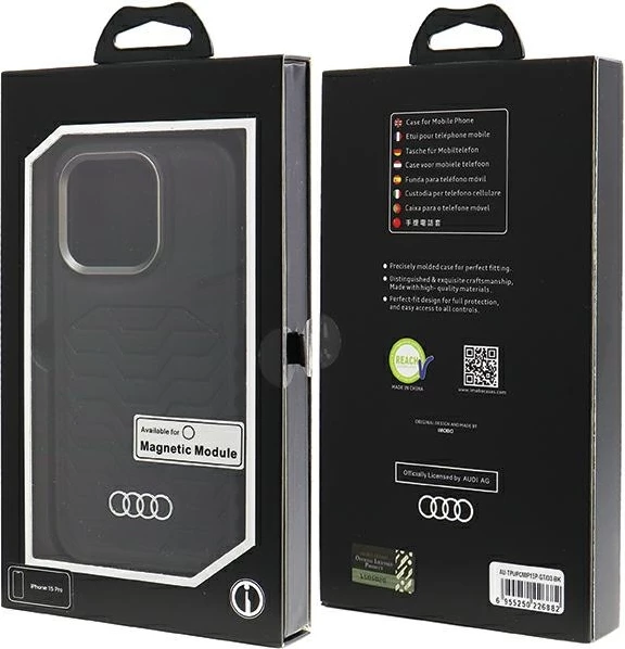 Ovitek Audi za iPhone 15 Pro, umetno usnje z MagSafe, črn