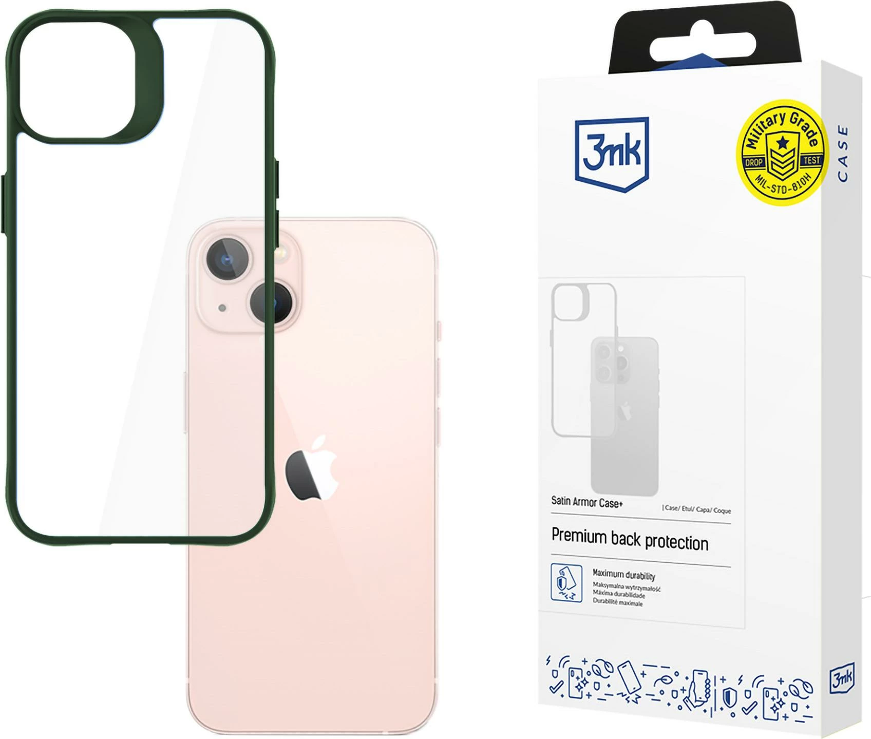 Transparenten ovitek Satin Armor Case+ za iPhone 14, z zelenim satenskim okvirjem