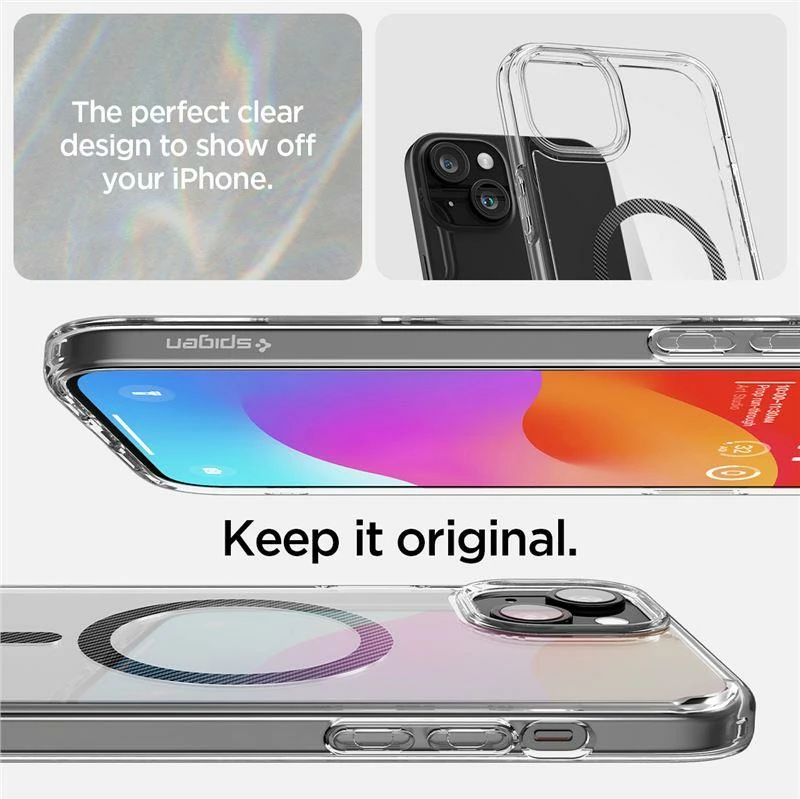 Ovitek za telefon Spigen Ultra Hybrid MagSafe za iPhone 15 Plus, prozoren/siv (carbon)